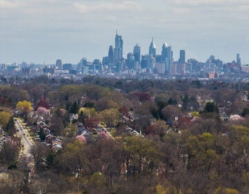Overhead photo of a residential area, with the Philadelphia skyline in the background