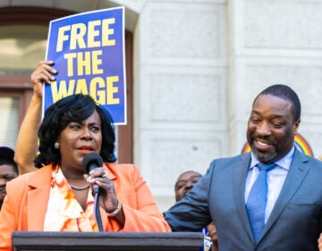 Cherelle Parker speaking at a podium at the rally