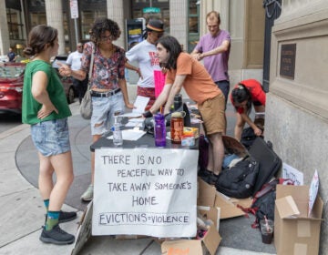 The Renter’s Justice Campaign organized a protest and canvas event against the Landlord Tennant Office outside the municipal court building in Philadelphia on August 21, 2023. A former city property management worker has filed a lawsuit regarding one of the alleged violent evictions in 2023 that helped spur the protest. (Kimberly Paynter/WHYY)