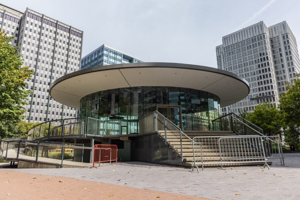 The round visitor center building in LOVE Park