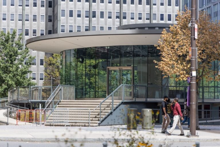 The round visitor center building in LOVE Park