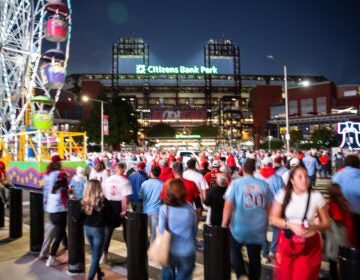 Fans stream into Citzens Bank Park for Game 4 of the Phillies playoff series game on October 12 2023. (Emily Cohen for WHYY)