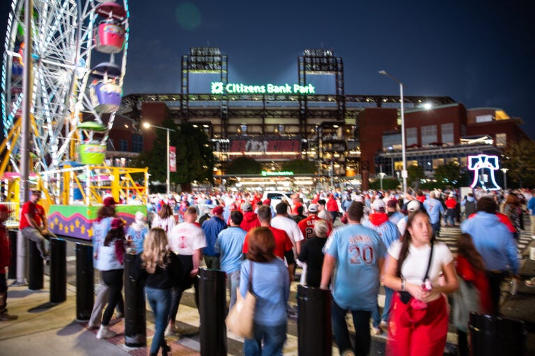 Fans stream into Citzens Bank Park for Game 4 of the Phillies playoff series game on October 12 2023. (Emily Cohen for WHYY)