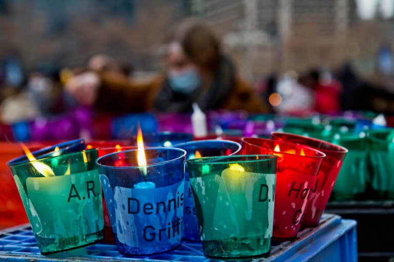Over 300 votives bore the names of people who experienced homelessness, lost in 2021 at Homeless Memorial Day at Thomas Paine Plaza in Philadelphia on Dec. 21, 2021