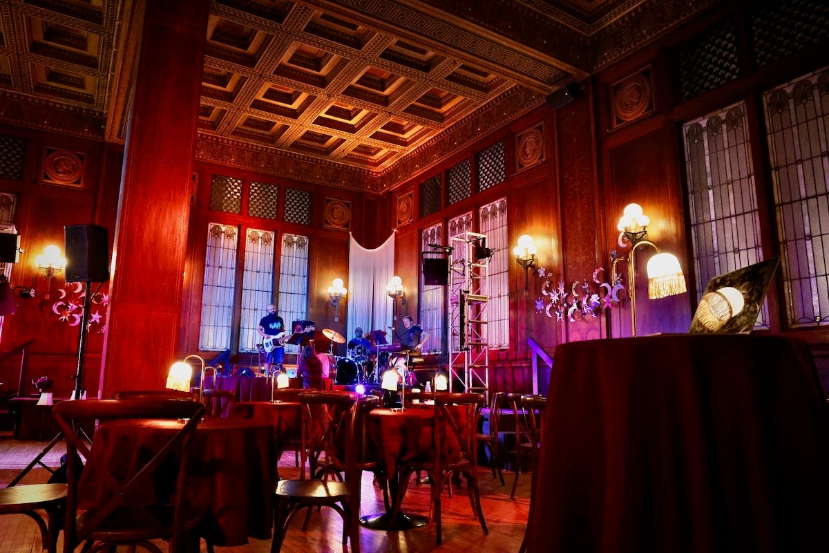 The Bearded Ladies Cabaret band setting up