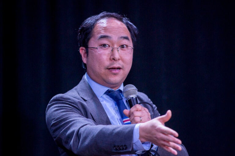 Rep. Andy Kim, D-N.J., speaks to voters in Jersey City, New Jersey, on Friday, Feb. 23, 2024.