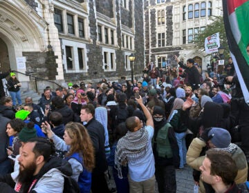 Students at the City College of New York protest the Israel-Hamas war on the campus in the Harlem neighborhood of New York, Thursday, April 25, 2024. (AP Photo/Jake Offenhartz)