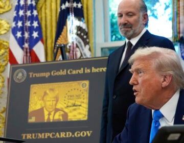 President Donald Trump speaks as Commerce Secretary Howard Lutnick listens in the Oval Office of the White House