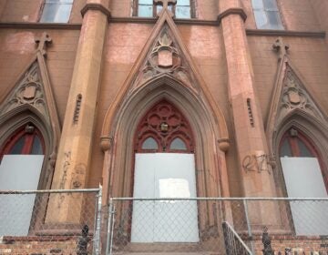 The front door of the historic Church of the Assumption
