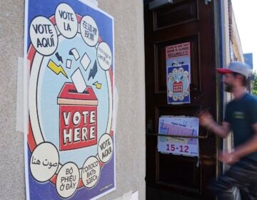 A voter arrives at a polling place during the primary election in Philadelphia, Tuesday, May 20, 2025.
