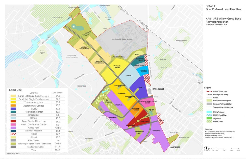 A map of the redevelopment plans for the Naval Air Station Joint Reserve Base Willow Grove