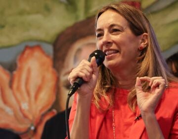 Mikie Sherrill addressing the crowd at a rally