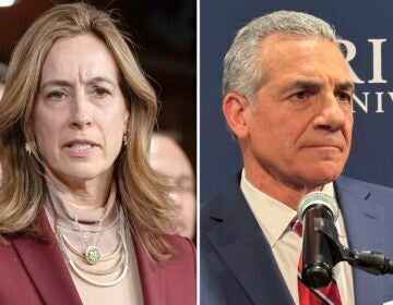In this photo combo Rep. Mikie Sherrill, D-N.J., left, speaking during a news conference, Feb. 13, 2024, in Washington and former Assemblyman Jack Ciattarelli speaking, Feb. 4, 2025, at Rider University in Lawrenceville, N.J.