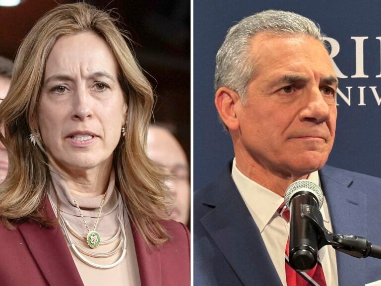 In this photo combo Rep. Mikie Sherrill, D-N.J., left, speaking during a news conference, Feb. 13, 2024, in Washington and former Assemblyman Jack Ciattarelli speaking, Feb. 4, 2025, at Rider University in Lawrenceville, N.J.