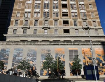 The mural ''Lay-lah Lay-lah'' rises in eight columns up the side of an office building adjacent to the Horwitz-Wasserman Holocaust Memorial Plaza in Philadelphia.