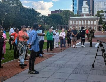 Michelle Flamer speaks to protesters at Independence National Historical Park