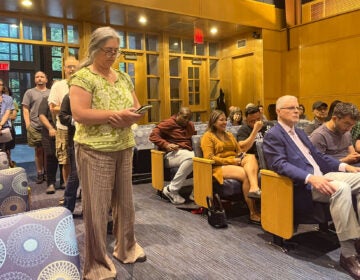 A woman speaks at a podium during the meeting, with other people lining up behind her for their turn.