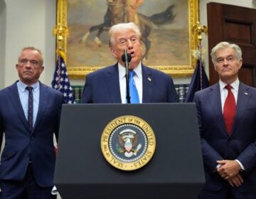 President Donald Trump speaks in the Roosevelt Room of the White House alongside Robert F. Kennedy Jr. and Dr. Mehmet Oz