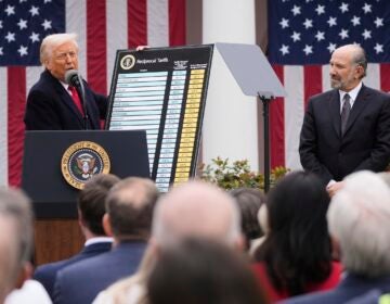 Donald Trump and Howard Lutnick announcing new tariffs