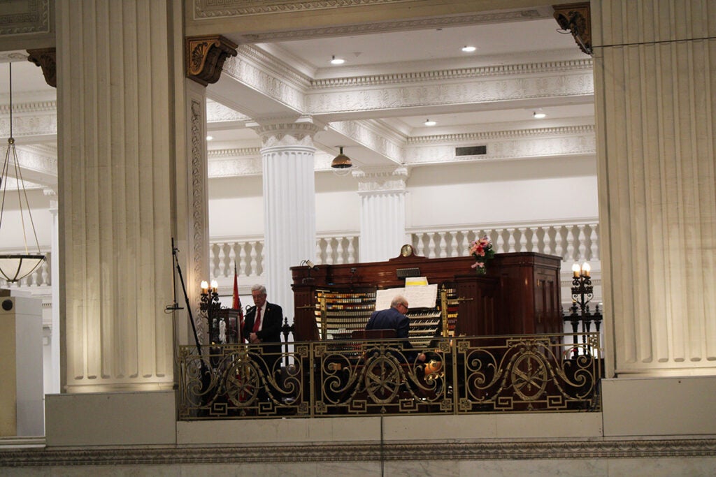 John Wanamaker Grand Court Organist Peter Richard Conte introduces an organist playing at the daylong recital