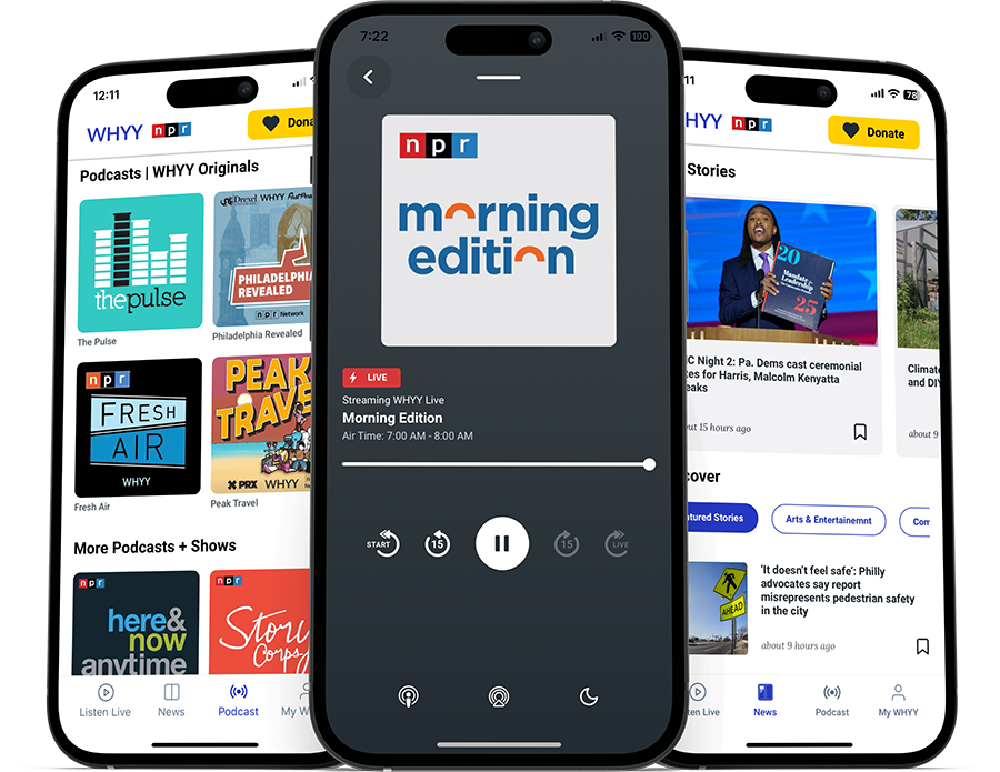 The image shows three smartphones displaying the WHYY app. The screen on the far left shows a grid of podcast images. The center screen shows a livestream in progress with a "LIVE" badge in red. The screen displays the show's title "Morning Edition," the current streaming source "Streaming WHYY Live," and the air time from 7:00 AM to 8:00 AM. A progress bar indicates the current time of the stream. Below the progress bar are playback controls, including start, rewind 15 seconds, play/pause, and jump to live. The screen on the right shows two two news stories with headlines and images. The first news story is featured at the top of the screen. There are some buttons that list "Featured Stories" and "Arts & Entertainment". Then the second news story is featured.